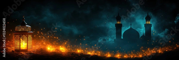Fototapeta A serene Ramadan night scene with golden lanterns and a mosque silhouette, perfect for a festive Ramadan banner.