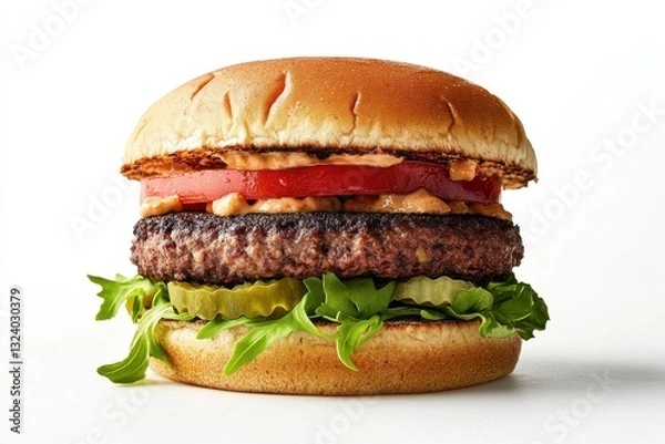 Fototapeta Juicy hamburger stacked high with fresh veggies and sauce on a soft bun, a perfect meal for any time isolated on transparent background