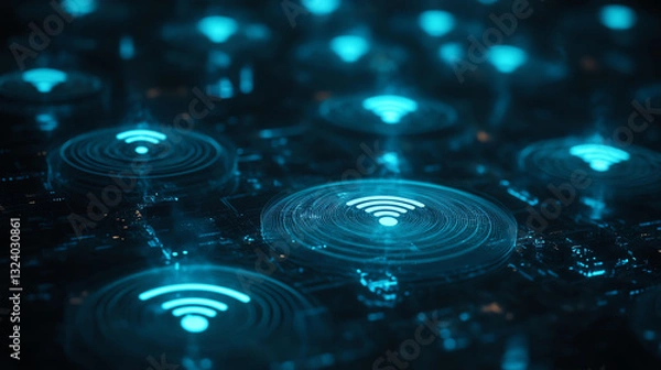 Fototapeta Futuristic design featuring glowing Wi-Fi signals in a digital landscape.