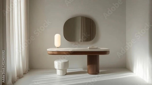 Fototapeta A minimalist dressing table, adorned with a single, slender white lamp, stands gracefully isolated against a crystal clear background, inviting viewers to envision their own reflection in its