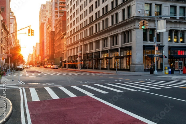 Fototapeta Empty cityscape with no people at the intersection of 5th Avenue and 23rd St in New York City with sunlight shining between the background buildings