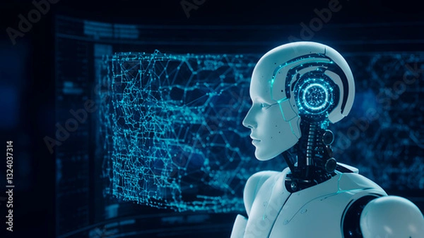 Obraz humanoid work IT specialist. A robot controlled by artificial intelligence is doing its job. A concept of the future in which humanoid robot help people. Generative Ai
