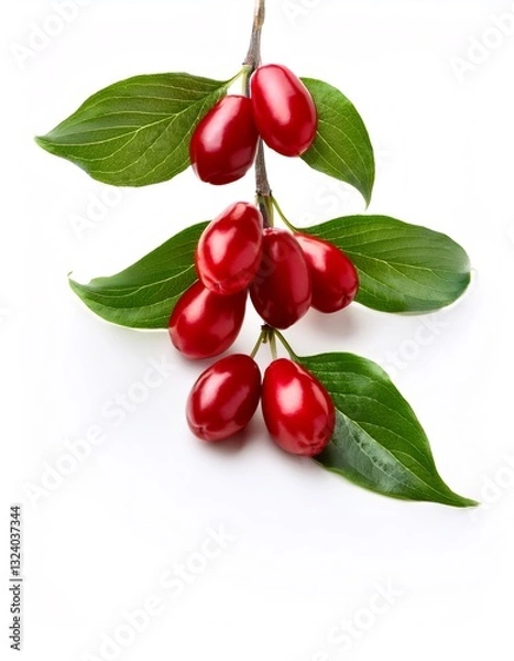 Fototapeta Freshly picked branch of dogwood with ripe red berries and green leaves, isolated on white background