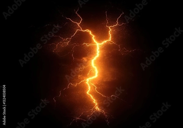 Fototapeta A powerful lightning bolt striking against the dark sky, illuminating in orange and yellow hues, creating an electrifying effect.
