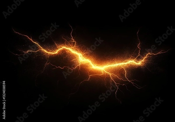 Fototapeta A powerful lightning bolt striking against the dark sky, illuminating in orange and yellow hues, creating an electrifying effect.