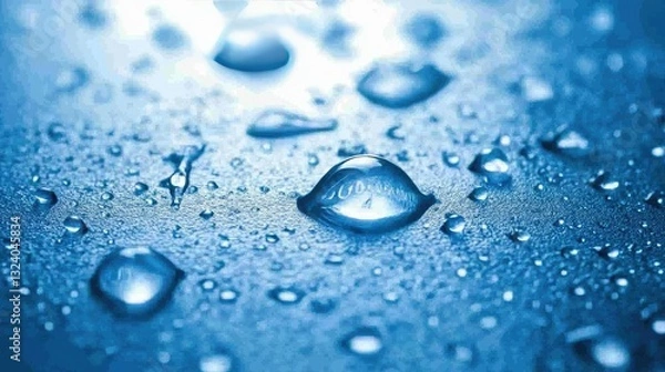 Fototapeta Large glistening water droplets scattered across a blue background, symbolizing freshness and clarity