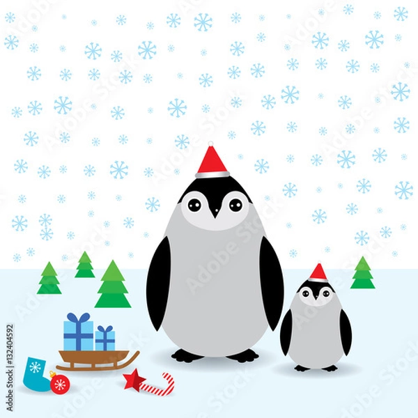 Fototapeta Funny penguins in the red hat, christmas winter card isolated on white background. Vector