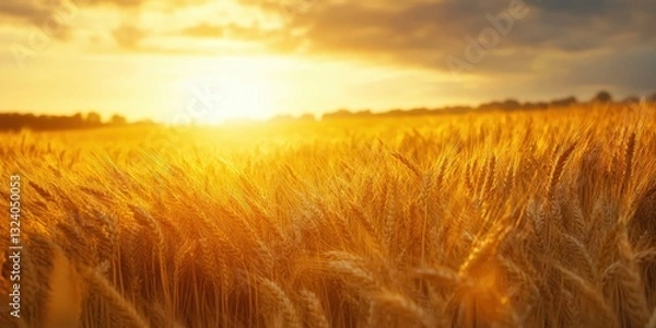 Fototapeta Golden Hour Wheat Field: A Sunset Symphony in Gold