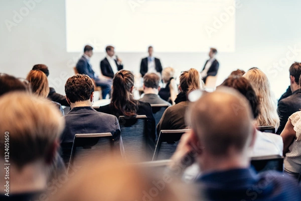 Fototapeta Interview and round table discussion at business convention and presentation. Audience at the conference hall. Business and entrepreneurship symposium.