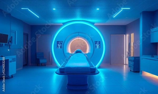 Obraz a futuristic medical environment with a patient lying inside a high-tech scanner, bathed in cool blue light. The scene evokes a sense of innovation and healthcare technology. 