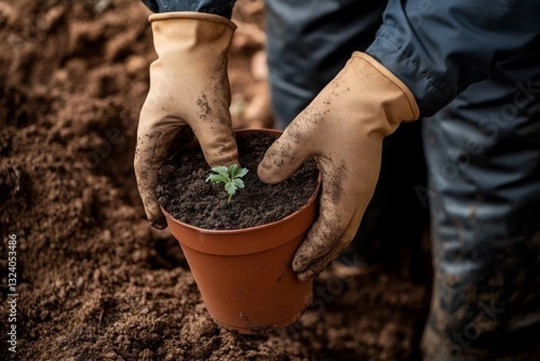Fototapeta Close-up of hands holding a pot with a young plant and soil, representing the planting tree concept for Environment Day.