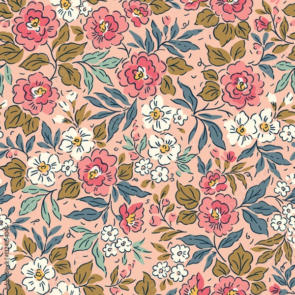 Obraz Vintage floral background. Floral pattern with pink and white roses flowers on a light pink background. Seamless pattern for design and fashion prints. Ditsy style. Stock vector illustration.