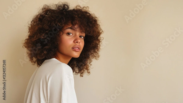 Fototapeta Junge Frau mit voluminösem Afro-Haar in hellem Oberteil vor beiger Wand im Porträt