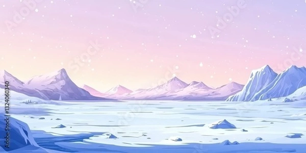 Fototapeta Serene Winter Landscape: A Breathtaking View of Snowy Mountains and Frozen Lake Under a Pastel Sky