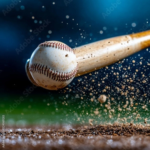 Obraz Dynamic Baseball Bat Impact Close up of Ball and Dirt Explosion