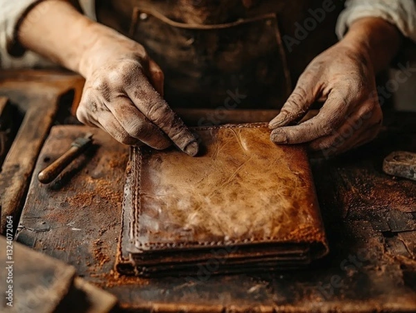 Fototapeta Leather crafting artisan working on a handmade wallet traditional tools vintage style rich textures warm tones detailed craftsmanship rustic workshop