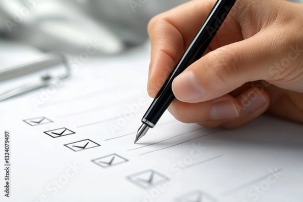 Obraz hand holding a pen over a checklist with checkboxes.