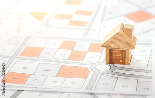 Fototapeta The house is placed on the land map. choose the land location building plot for house construction. real estate concept with vacant land for building construction for sale, rent, buy, investment.