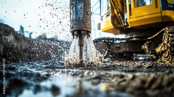 Fototapeta Heavy machinery drilling for artesian well water supply, showcasing water and soil displacement. Development background concept