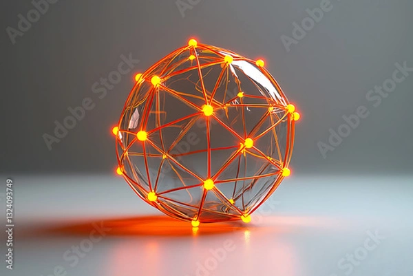 Obraz Illuminated sphere of connected nodes and lines casting a warm orange glow on a neutral background.