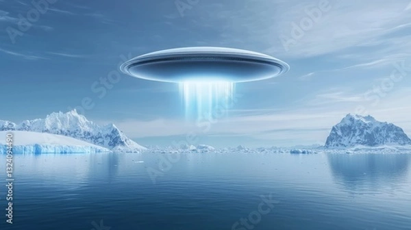 Fototapeta Iceberg antarctica impact. A futuristic flying saucer hovers over icy waters, emitting beams of light, with snowy landscapes in the background under a serene blue sky.