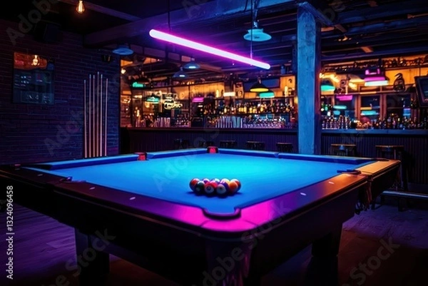 Fototapeta Contemporary bar features a pool table softly lit by neon.