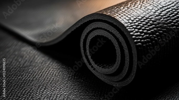 Fototapeta A close-up view of a rolled-up textured black yoga mat against a dark surface, showcasing its unique pattern and smooth finish, perfect for fitness enthusiasts.