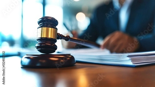 Fototapeta Courtroom scene with gavel and documents, symbolizing the pursuit of justice today