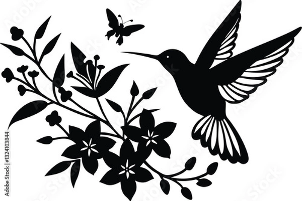 Obraz Silhouette hummingbird and flower isolated on white background