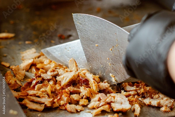 Fototapeta Making Shawarma: Cutting grilled meat