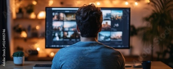 Obraz a man sitting in front of a computer monitor editing pictures.