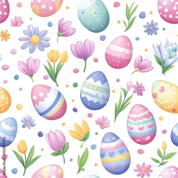 Fototapeta Seamless pattern with Easter Eggs and Floral Blooms Festive Springtime Pattern Design for Celebrations