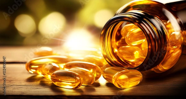 Fototapeta Extreme close-up of a group of Fish Oil Omega 3 Capsules Vitamin with EPA and DHA, inside a small glass bottle, on a wooden table. Generative Ai.