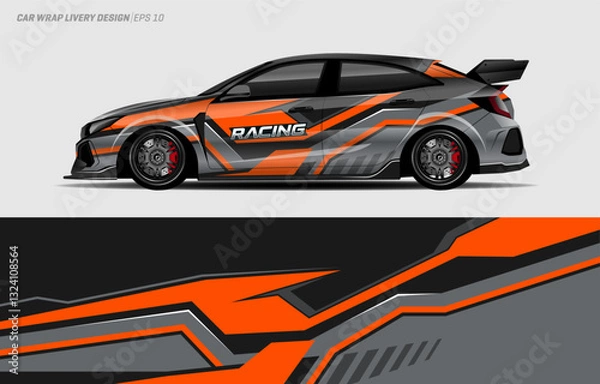 Fototapeta car livery graphic design. racing stripe graphic design with orange color combination for vehicle vinyl wrap and sports car, racing car, rally and sticker.