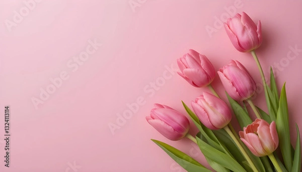 Fototapeta Pink Tulips on Soft Pink Background – Perfect for Mother's Day, 8 March, Easter, and Wedding Invitations