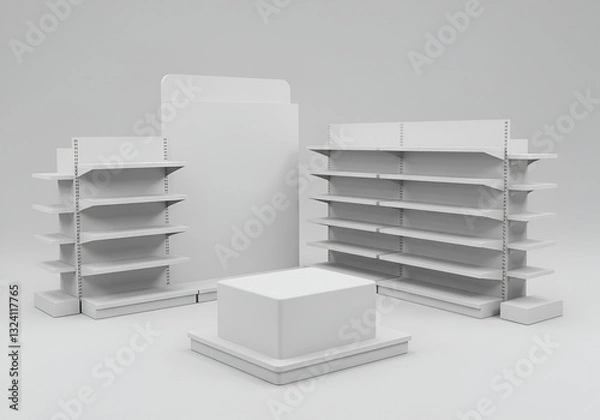 Obraz white isolated empty 3D rendering showcase background podium racked display shop blank store market shelf supermarket retail rack equipment shelving,space, gondola, render