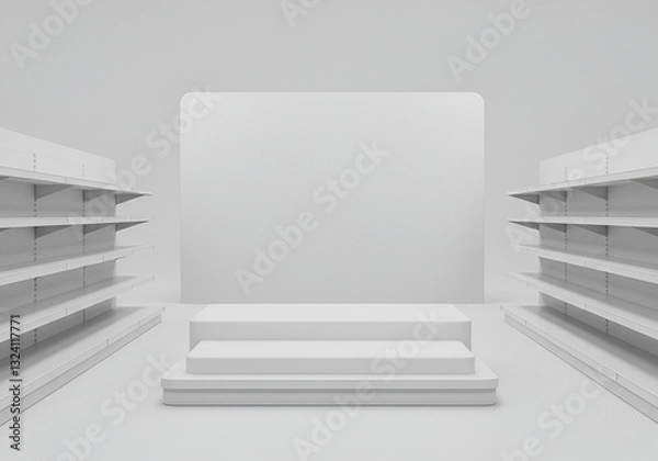 Obraz white isolated empty 3D rendering showcase background podium racked display shop blank store market shelf supermarket retail rack equipment shelving,space, gondola, render