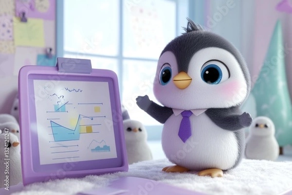 Fototapeta Adorable penguin in a suit gives a presentation with charts on a whiteboard.