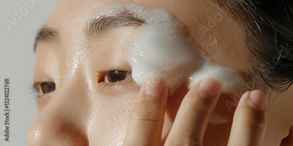 Fototapeta Close-up of Face with Cleansing Foam Application