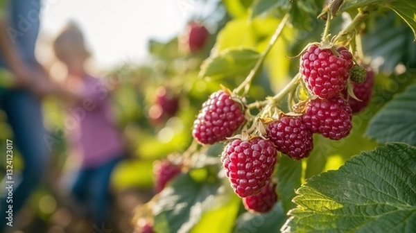 Obraz Close up photo of raspberries on branch in orchard
