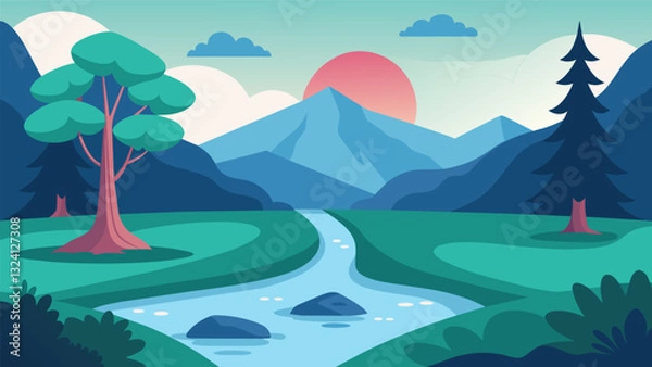 Fototapeta At the edge of the retreat a small stream flowed serenely providing the perfect spot for guided meditation to the soothing sound of water.. Vector illustration
