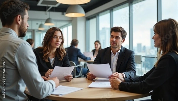Fototapeta Business meeting with four professionals discussing documents and sharing ideas in a modern office setting with cityscape views, corporate concept of teamwork or consulting
