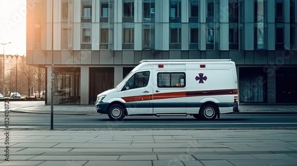 Obraz White ambulance parked outside contemporary hospital building with illuminated windows, showcasing emergency medical readiness