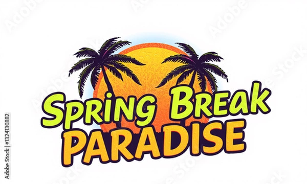 Fototapeta A vibrant hand-drawn Spring Break stamp with a glowing sunset behind two swaying palm trees