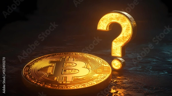 Fototapeta Golden Bitcoin and Glowing Question Mark Symbol