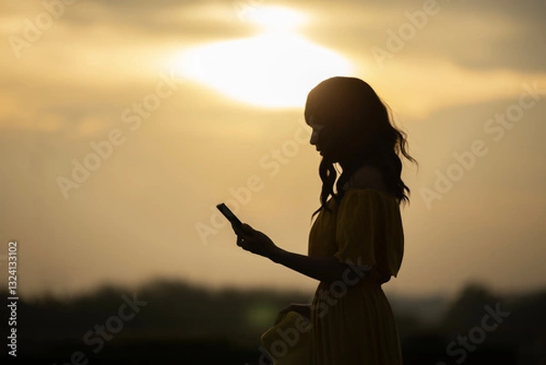 Obraz Silhouette of Happy beautiful young woman having smartphone conversation, feeling energized by Beautiful sunrise sky above clouds with dramatic light. Enjoying nature, sunset or sunrise. Freedom.