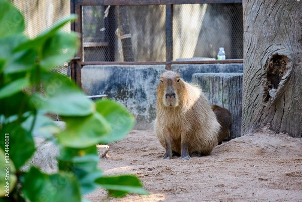 Fototapeta A capybara sits in a zoo enclosure