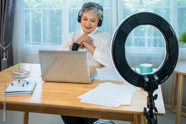 Obraz Senior influencer Asian woman recording online podcast with microphone and ring light for digital content