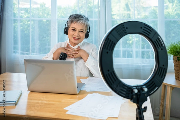 Obraz Senior influencer Asian woman using ring light and microphone for online podcast and digital content creation, looking at camera