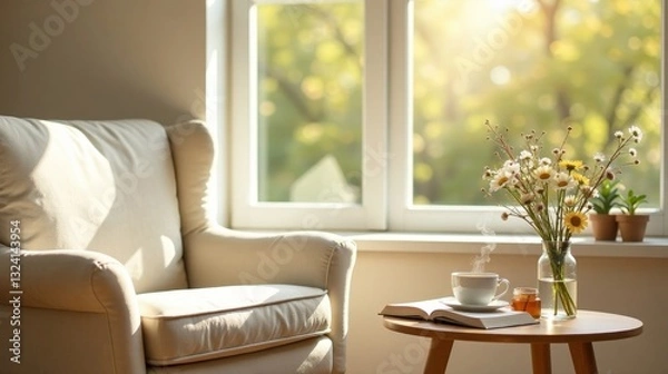 Fototapeta Serene morning sunlit armchair with a steaming cup of tea, an open book, and a vase of wildflowers on a small side table beside a window